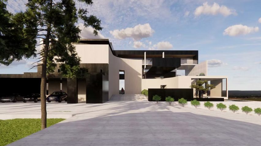 a visualisation of a building in tones of white and black