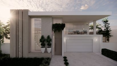 A visualisation of a white building with green plants surrounding it.