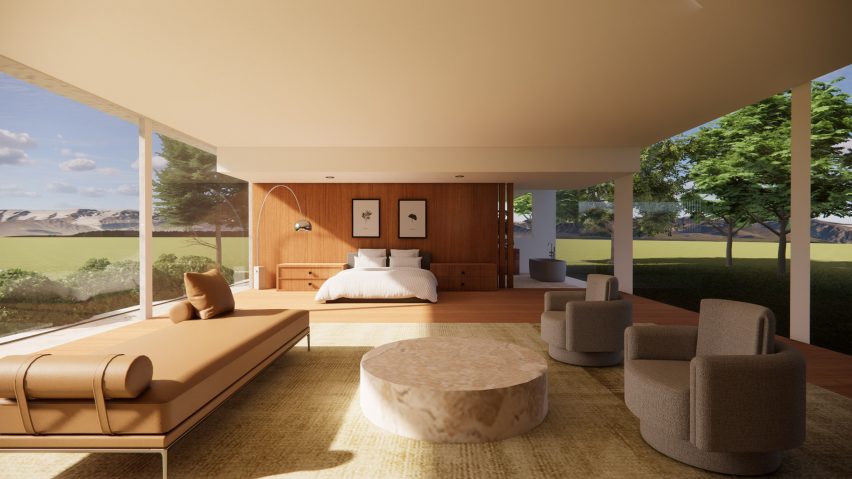 a visualisation of a studio apartment in tones of beige and brown