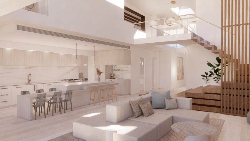 a visualisation of a lounge room in tones of white and beige