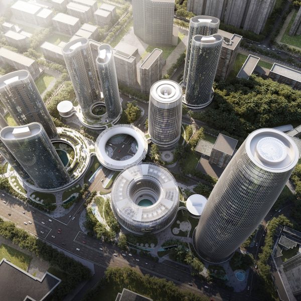 Aerial render of OPPO Chang An R&D Center, China, by KPF