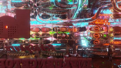 A photograph of a series of illuminated lights in tones of red, blue, green and pink.