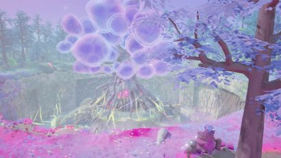 A visualisation of an abstract landscape in tones of purple, brown, pink and green.