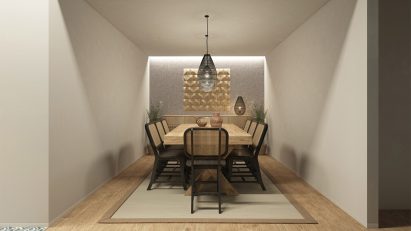A visualisation of a dining room with beige walls. There are beige table and chairs and grey lights.
