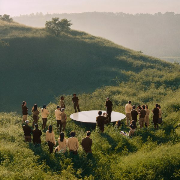 Photo of people stood around a table in grass