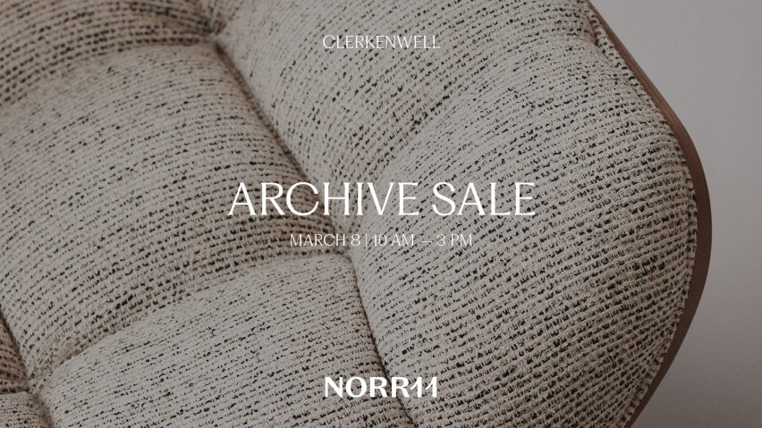 Photo of fabric on a chair with text overlay for the Norr11 Archive Sale