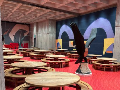 colourful underground canteen with tables