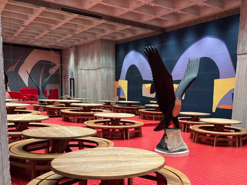 colourful underground canteen with tables