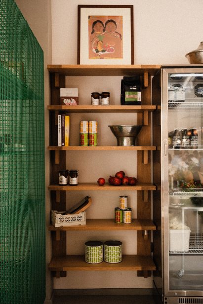 Wooden shelf used for storage in Dubai bakery