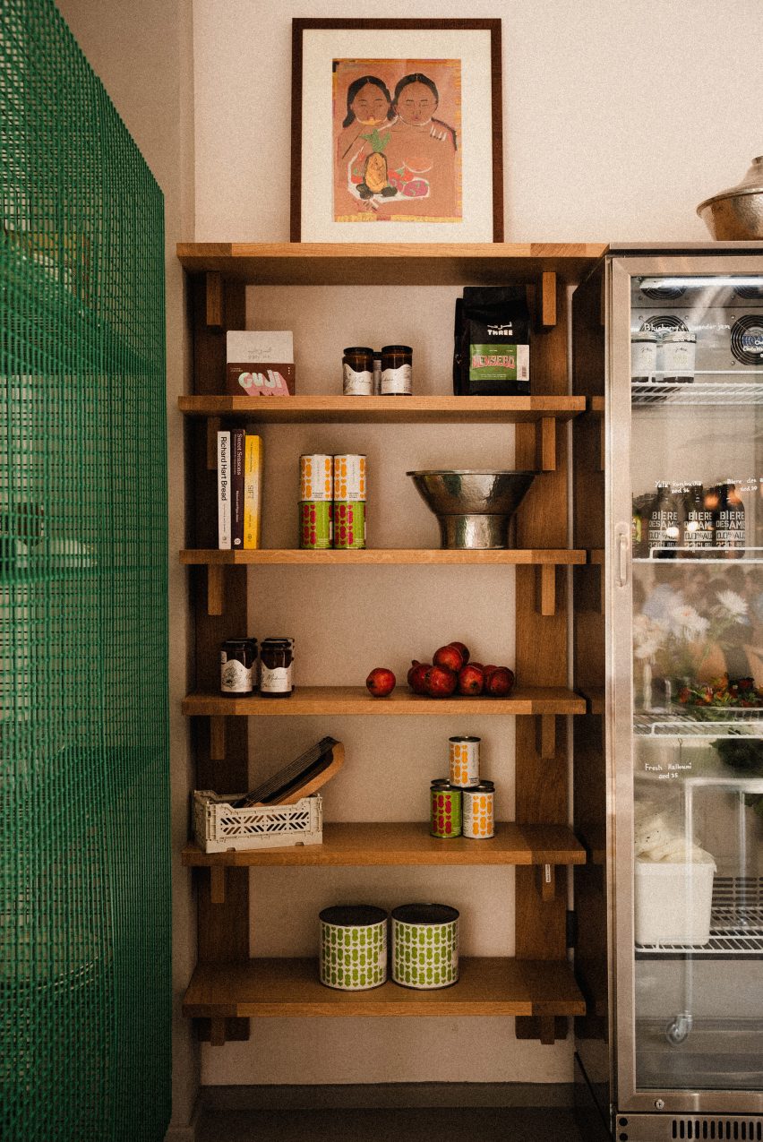 Wooden shelf used for storage in Dubai bakery