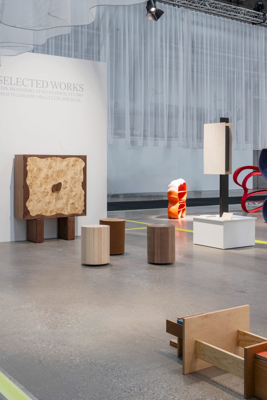 Wooden furniture pieces at trade show