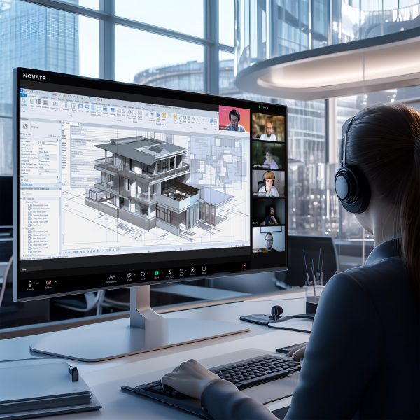 A visualisation of a person at a desk on a desktop computer.