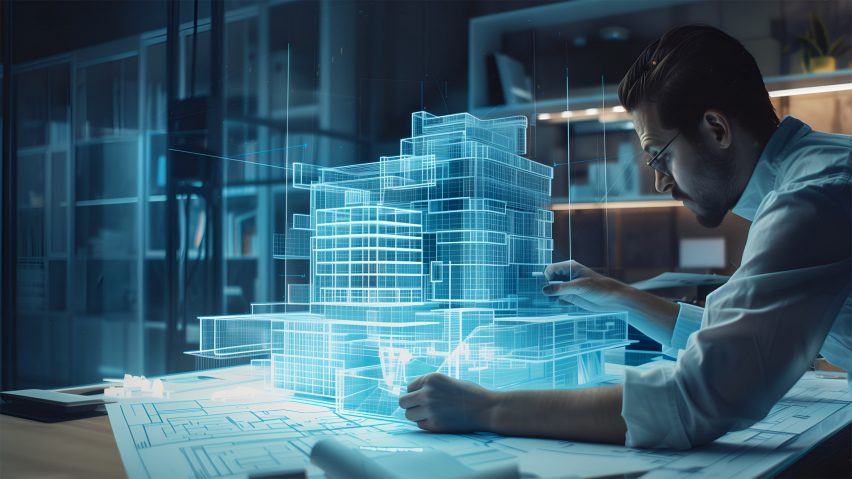 A visualisation of a person interacting with a blue architectural model.