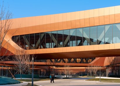 Copper-clad bridges over a courtyard