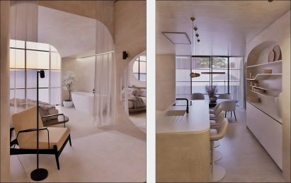 Two visualisations beside one another; displaying the same room from different angles. The room features tones of white and beige and a minimalist decor.