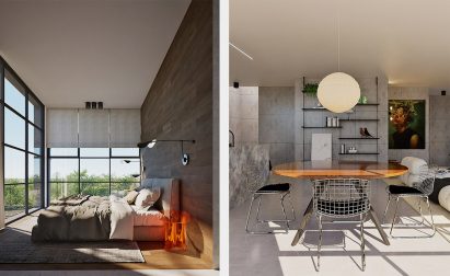 Two visualisations beside one another. One displays a bedroom with a bed in the centre of the space and a large, concrete grey wall behind it. The other shows a space with a brown wooden table in it, silver chairs and grey concrete walls. There is a large white light hanging over the table.