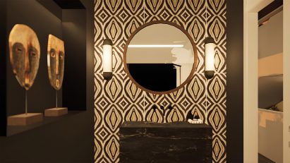 A visualisation of an interior space in tones of beige and brown. There is a patterned wall with a circular mirror on it, and a dark brown wall beside it.