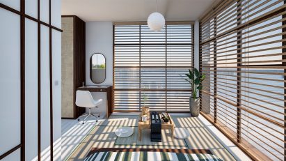 A visualisation of a space with large windows around it, with brown wooden blinds over them. There is a wooden table in the space, a white chair and white light hanging from the ceiling.