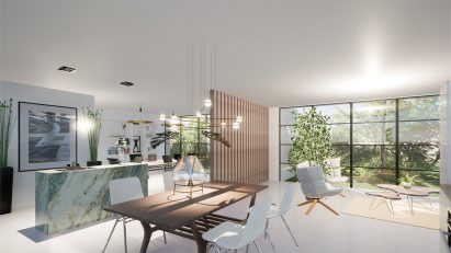 A visualisation of an interior living space in tones of white. There is a brown wooden wall dividing an area of the space and a large glass window showing greenery outside. There are brown tables and white chairs in the space also.