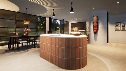 A visualisation of a kitchen. There is an island in its centre made of reddish-brown brick, with lights over it and brown wooden table and chairs behind it.
