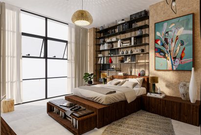 A visualisation of a bedroom with beige walls. There is a black shelving unit in one of the corners, and a blue painting on a wall. The bed is atop a brown wooden frame.