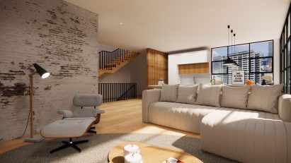 A visualisation of a lounge area with a sofa and a chair in tones of beige. There are wooden floors and large windows around the space.
