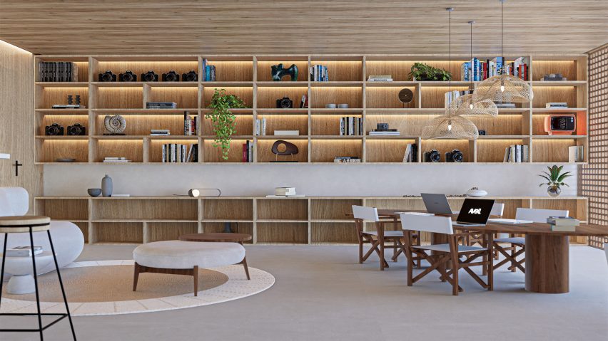 A visualisation of an interior space in tones of grey and beige. There is a large wooden shelving unit against the central wall, and a brown wooden desk along with chairs and a footstool in the space.
