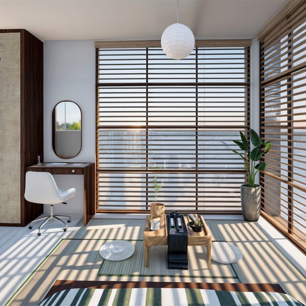 A visualisation of a space with large windows around it, with brown wooden blinds over them. There is a wooden table in the space, a white chair and white light hanging from the ceiling.