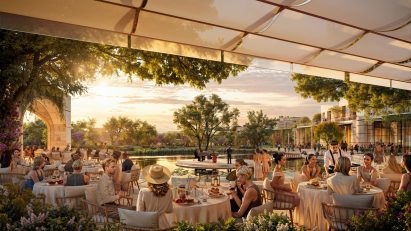 Render of people at a lakeside restaurant by Foster + Partners