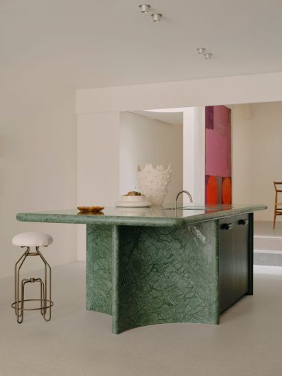 Jade-coloured kitchen island