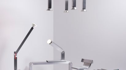 Aluminium lighting and clock by David Taylor for Special Effects exhibition at Bukowskis in Stockholm