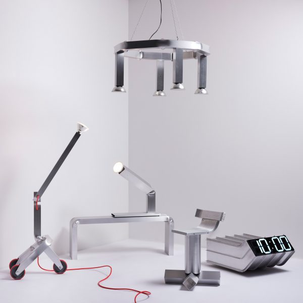 Aluminium lighting and clock by David Taylor for Special Effects exhibition at Bukowskis in Stockholm