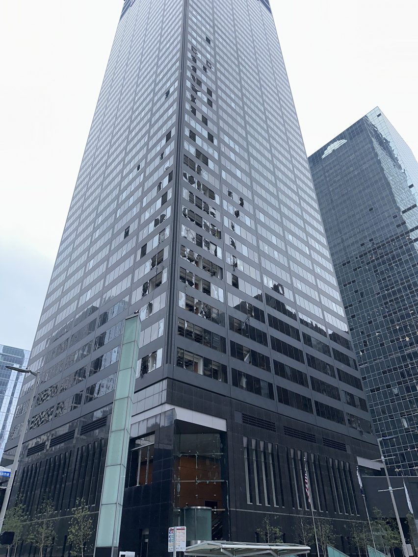 A building damaged by wind