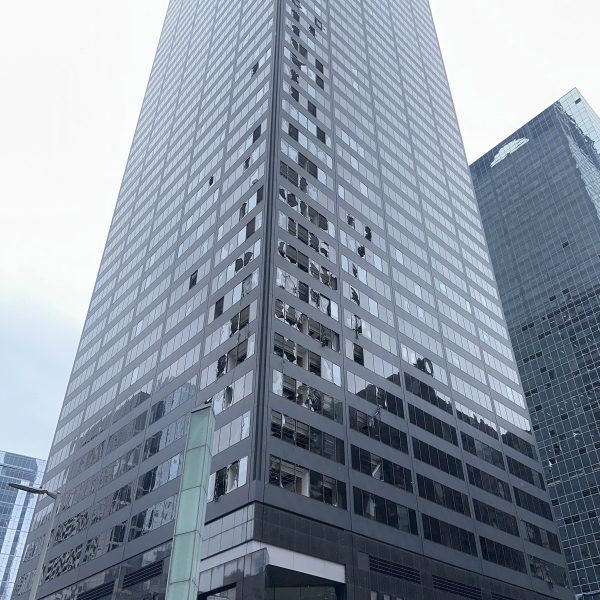 A building damaged by wind