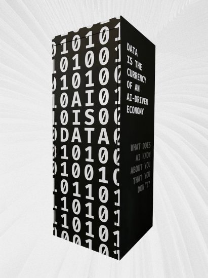 A digital image displaying a black cuboid with white digits and letters on it.
