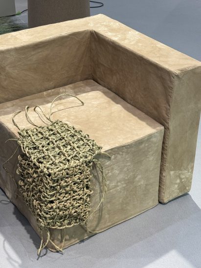 The crocheted grass upholsters a foam seat