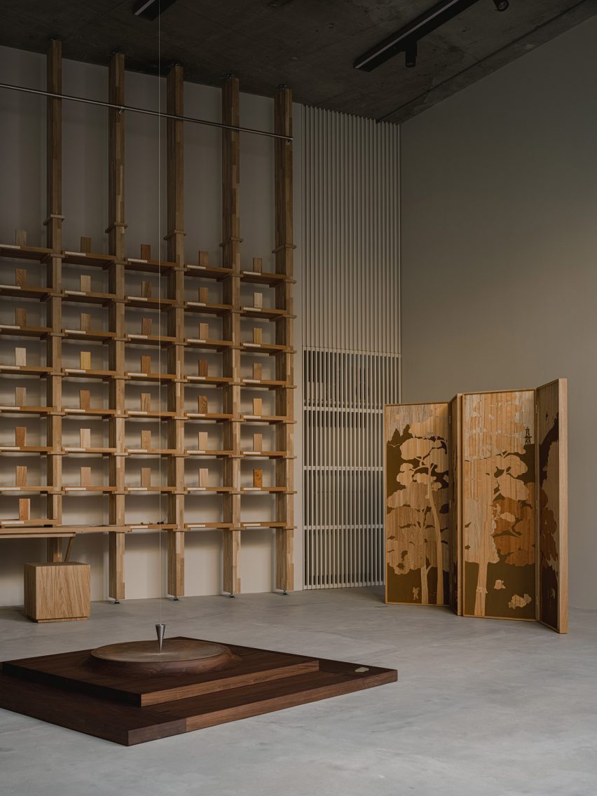 Wooden screen and display unit as part of Karimoku exhibition Tokyo