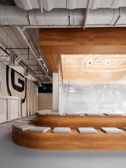 Wooden amphitheatre inside Doha gym