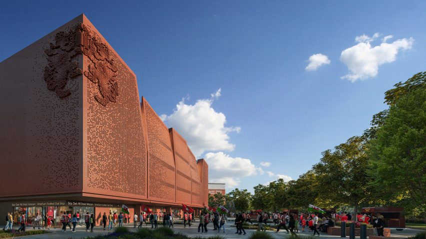Render of the Kop Stand at Wrexham AFC's STōK Cae Ras stadium by Populous