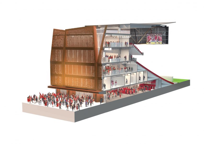Section of the Kop Stand at Wrexham AFC's STōK Cae Ras stadium by Populous