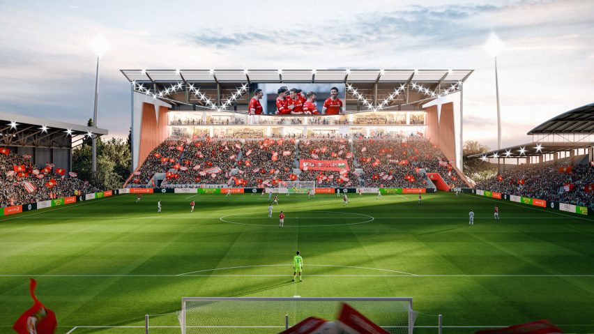 Render of the Kop Stand at Wrexham AFC's STōK Cae Ras stadium by Populous