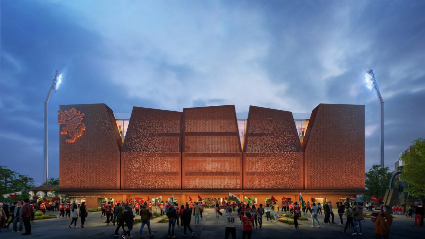 Render of the Kop Stand at Wrexham AFC's STōK Cae Ras stadium by Populous