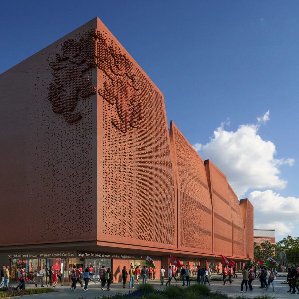 Render of the Kop Stand at Wrexham AFC's STōK Cae Ras stadium by Populous