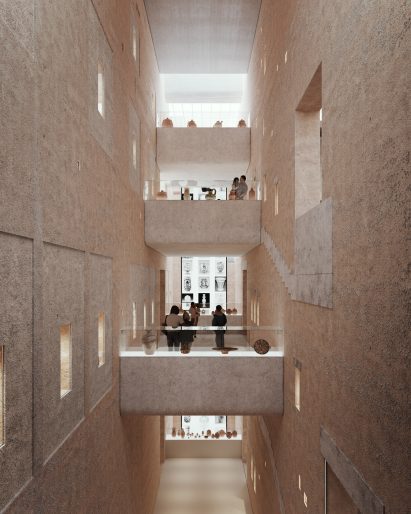 Interior render of Western Range galleries by Lina Ghotmeh Architecture
