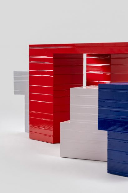 Close-up of table legs and stools from furniture collection by Marco Campardo for Galerie Kreo