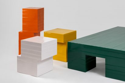 Close up of stools and table from furniture by Marco Campardo for Galerie Kreo