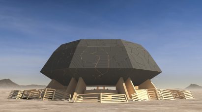 Black-clad Burning Man temple