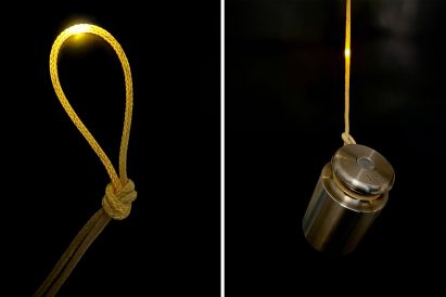 Two side-by-side photos showing a braided fibre tied into a looped knot on the left and pulled downwards by a small weight on the right