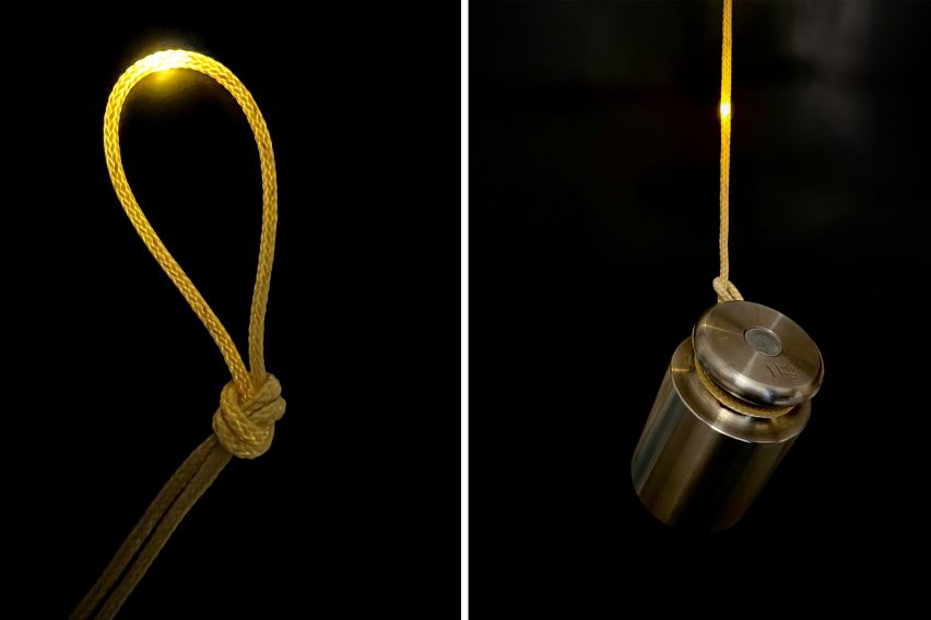 Two side-by-side photos showing a braided fibre tied into a looped knot on the left and pulled downwards by a small weight on the right