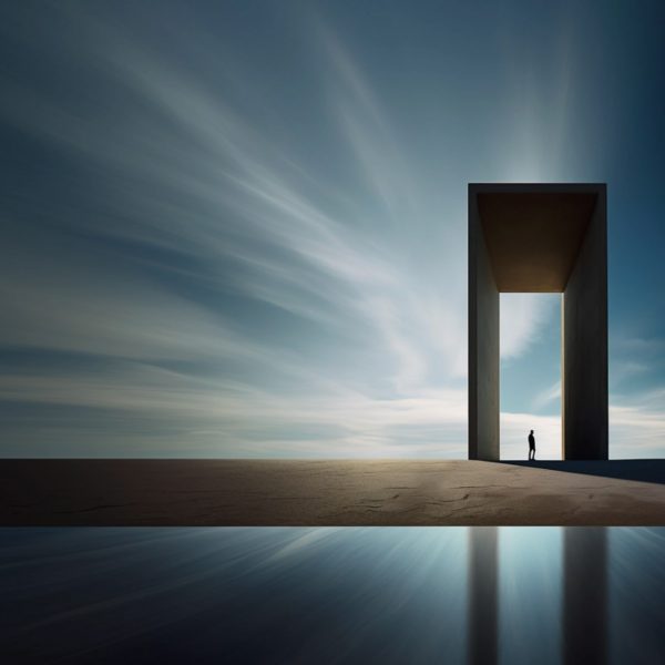 A visualisation of a large rectangular structure, in an outdoor landscape in tones of blue and grey.